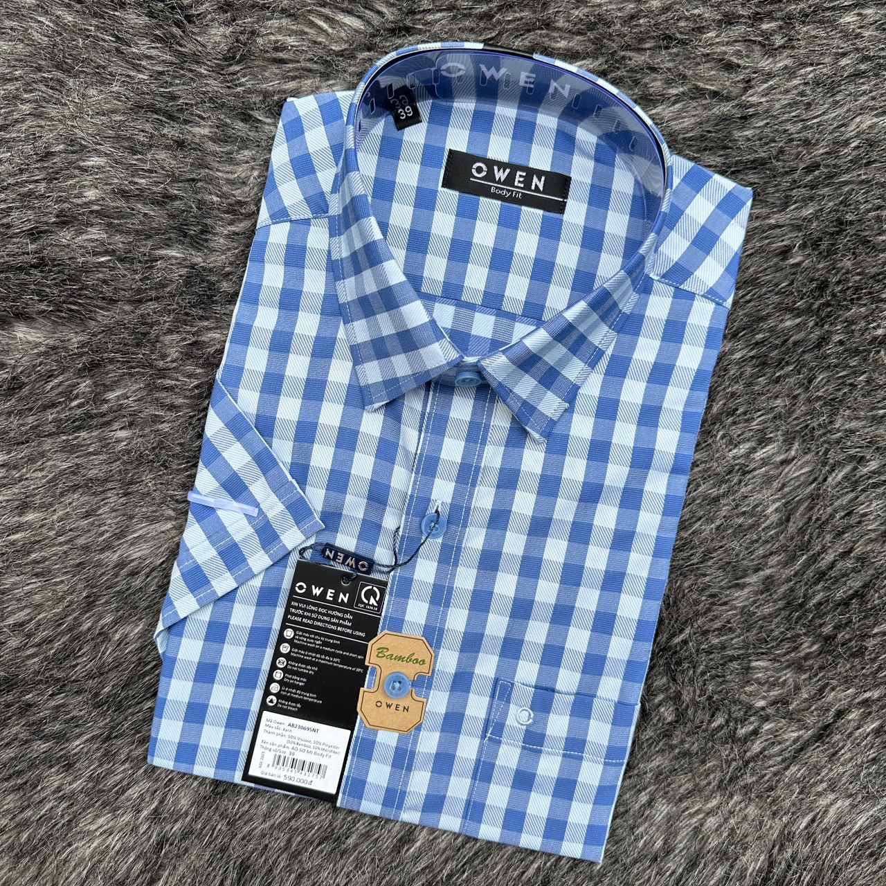 OWEN - Áo sơ mi ngắn tay Owen vạt ngang chất sợi tre kẻ ca rô màu xanh dương 230695