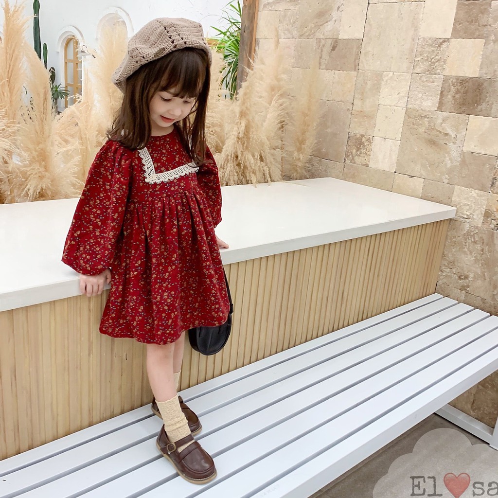 Váy cho bé - váy thu hoa viền ren vuông bé gái qate824