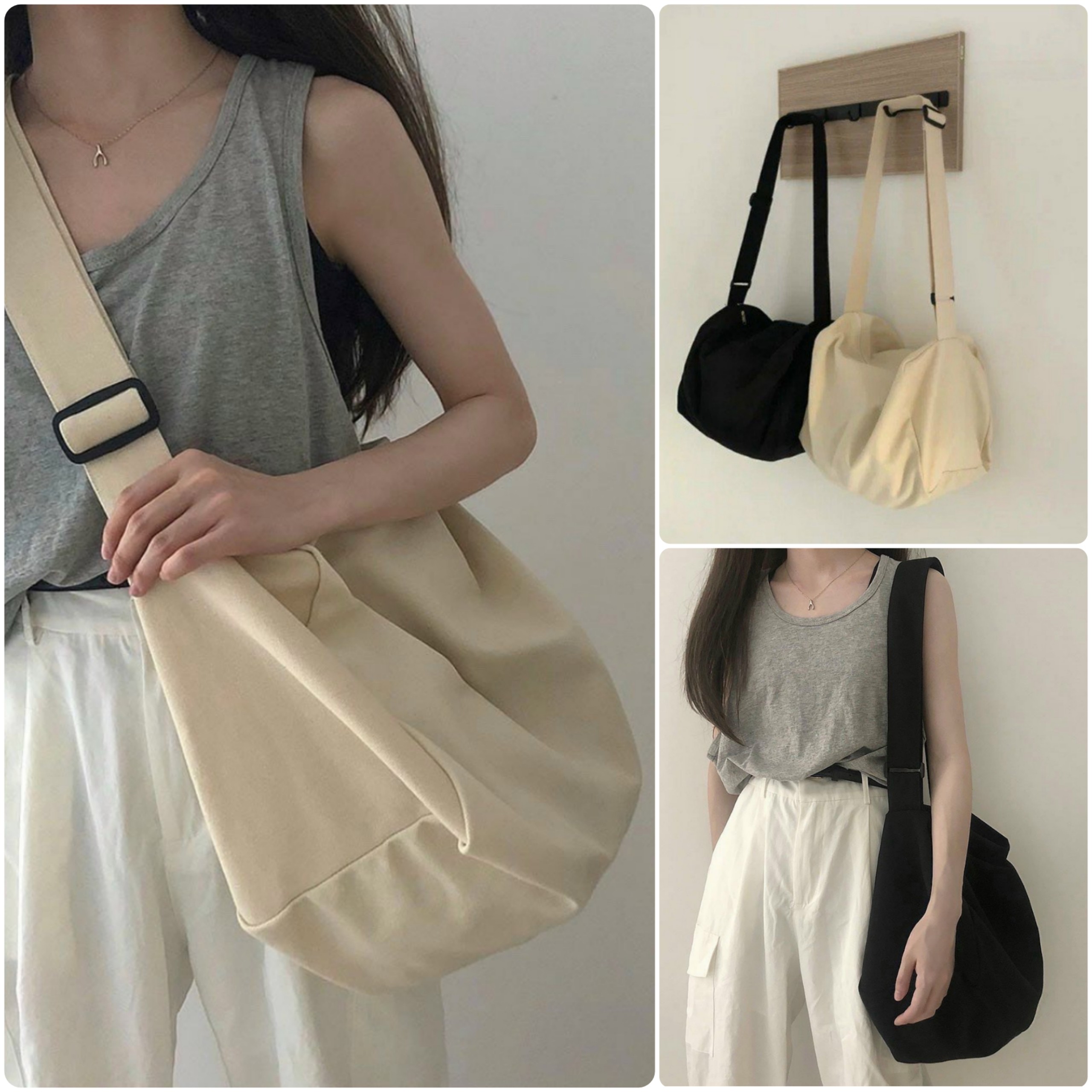 TÚI TOTE ĐEO CHÉO TRỐNG VẢI CANVAS SIÊU TO CÓ TÚI CON KHÓA KÉO ĐI HỌC ĐI CHƠI DU LỊCH HÀN QUỐC