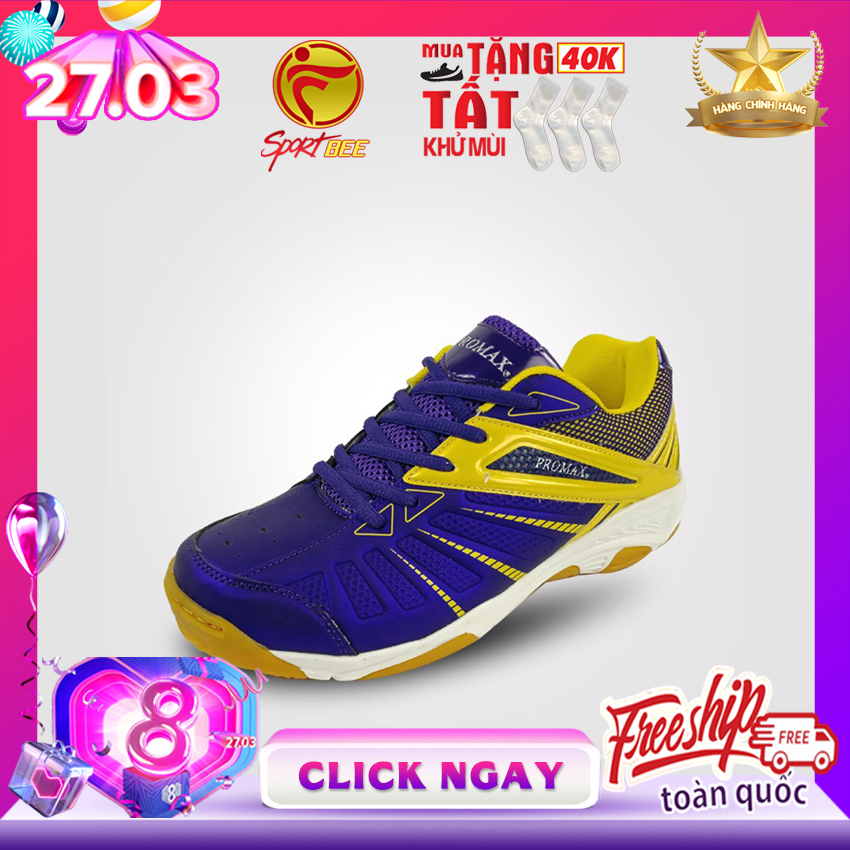 Giày thể thao nam Giày bóng chuyền nam Giày cầu lông nam bền đế kếp chống trơn chống trượt ôm chân Promax 19001 màu tím than viền vàng họa tiết mắt lưới sport bee, bee sport, sportbee, sportbee