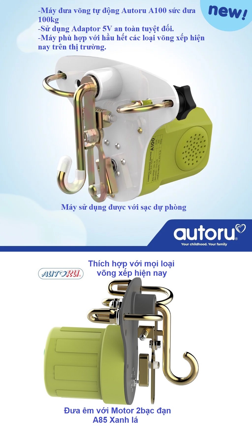 Máy đưa võng tự động cao cấp cho em bé autoru a85/a100 kg-bh 12tháng