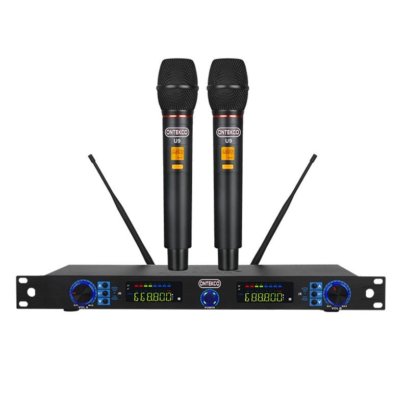 Micro karaoke không dây chuyên nghiệp ontekco u9 - 2 tay micro sử dụng cùng lúc bắt sóng lên đến 80m chống hú dùng cho âm ly, vang, đẩy