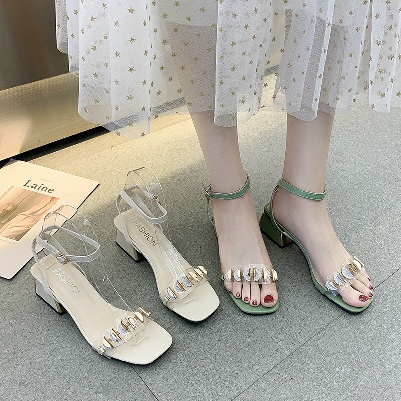 Giày sandanl cao cấp phối khóa tròn gót 5cm cực xinh
