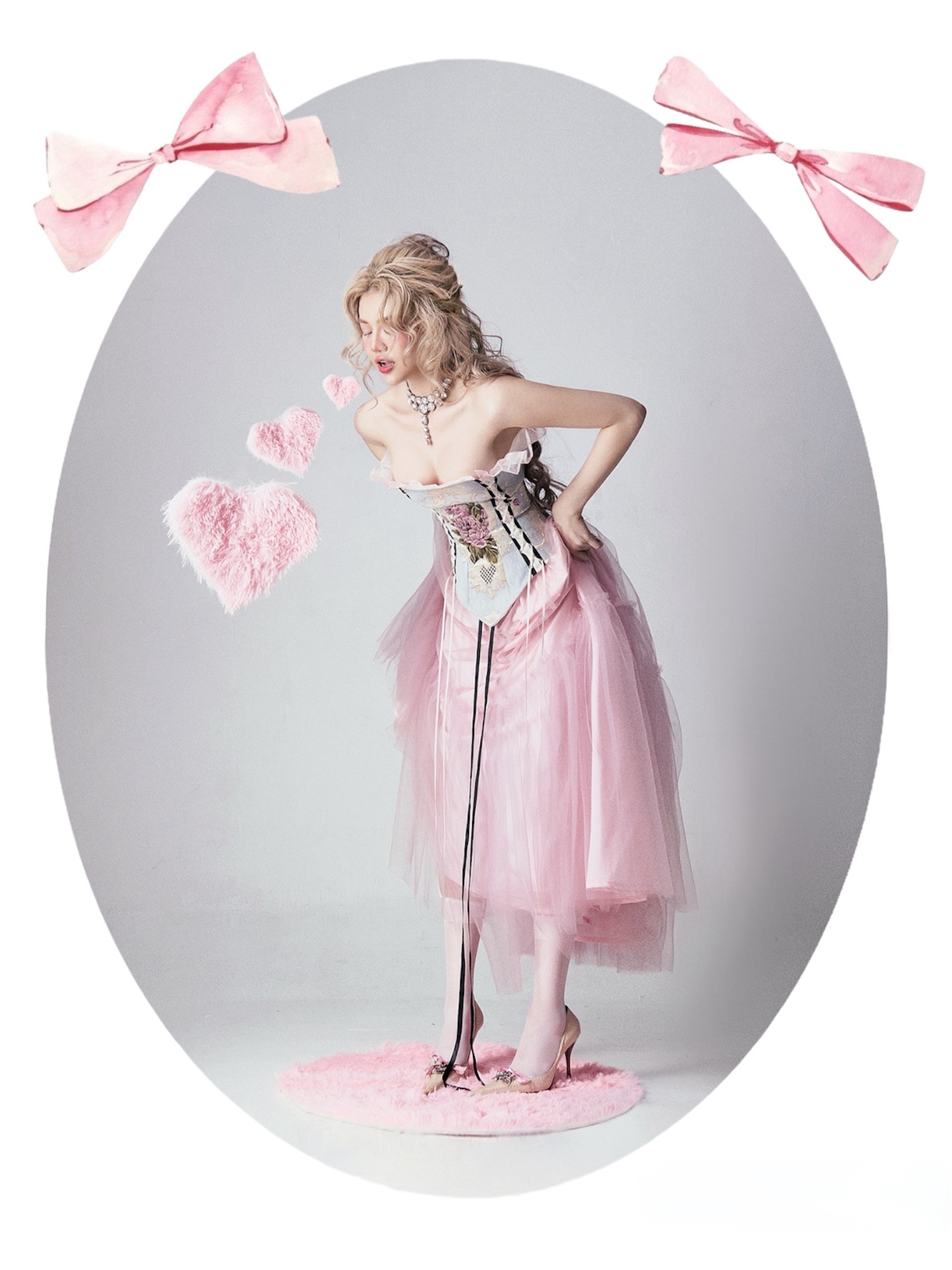 Set áo Corset thắt dây thêu hoa phối kèm chân váy lưới dáng xoè công chúa The Country Moncler Corset - Rosa Muse Skirt