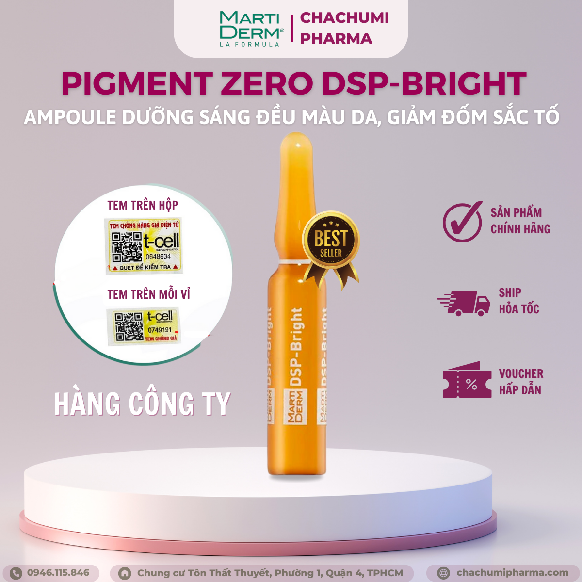 Ampoule dưỡng sáng đều màu da, giảm đốm sắc tố - martiderm pigment zero dsp bright