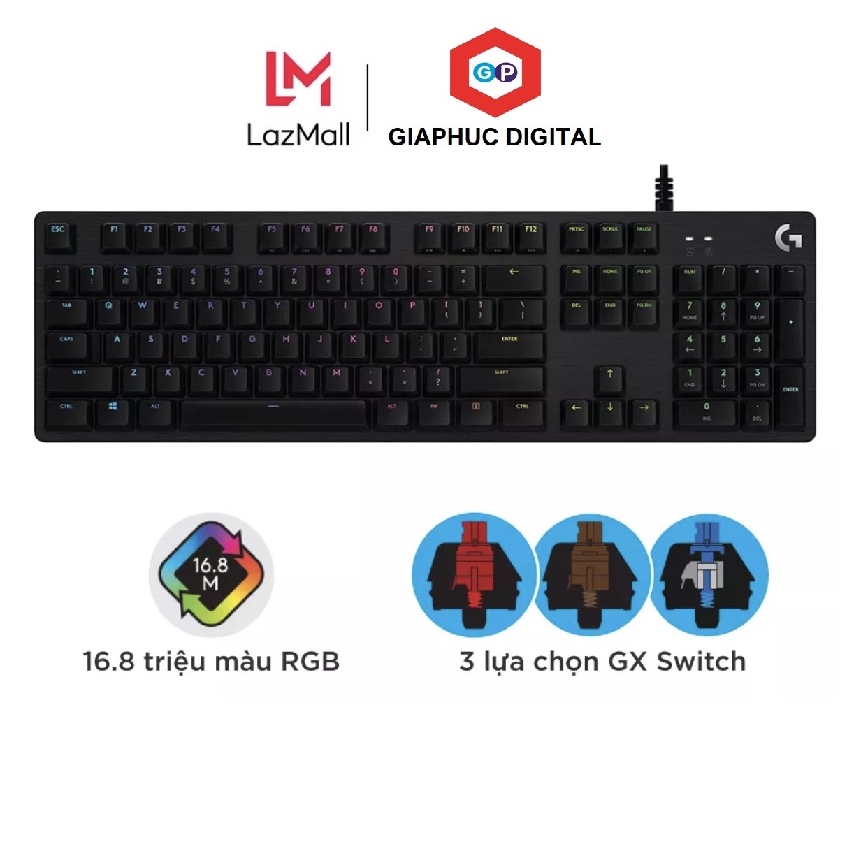 Bàn phím game cơ học logitech g512 - rgb lightsync, 3 loại gx switch, vật liệu cải tiến, cổng usb 2.0