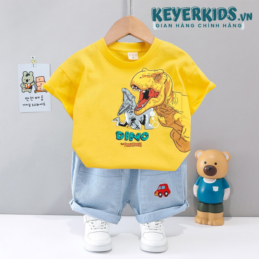 Set short jean bộ quần áo bé trai keyer kids, áo thun bé trai cotton mềm mại phối quần short jeans hình khủng long bạo chúa siêu ngầu sz50