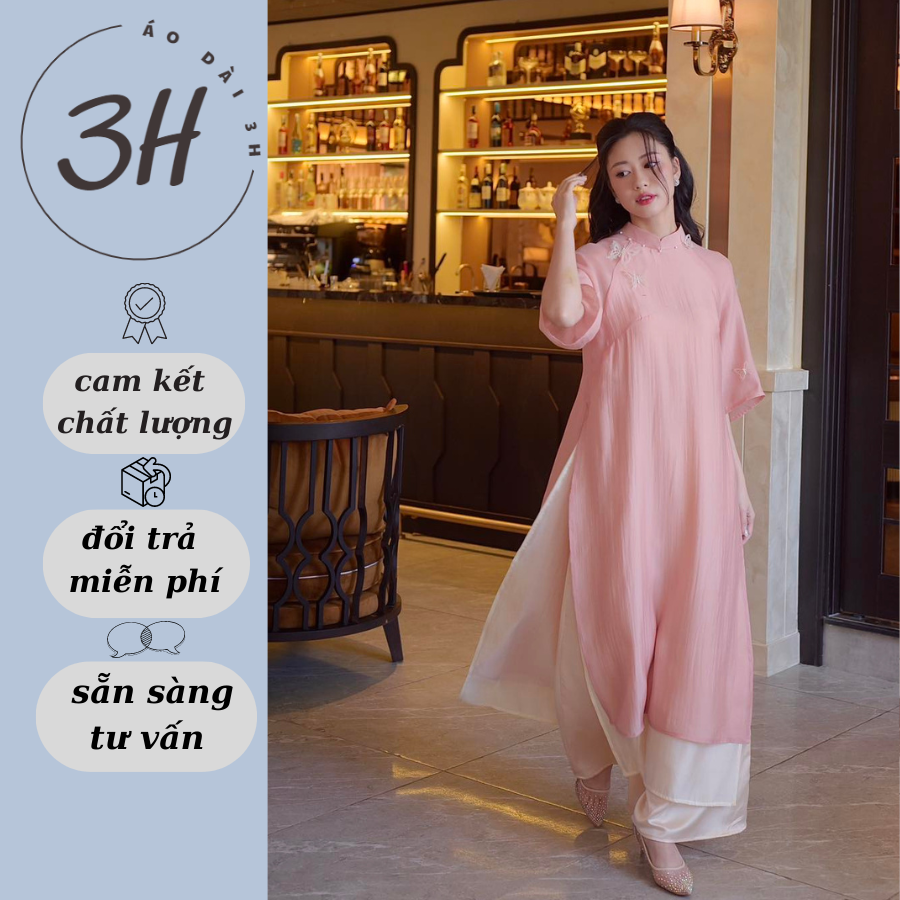 Áo dài cách tân nữ dáng suông 4 tà tay ngắn cổ cao đính bướm ÁO DÀI 3H