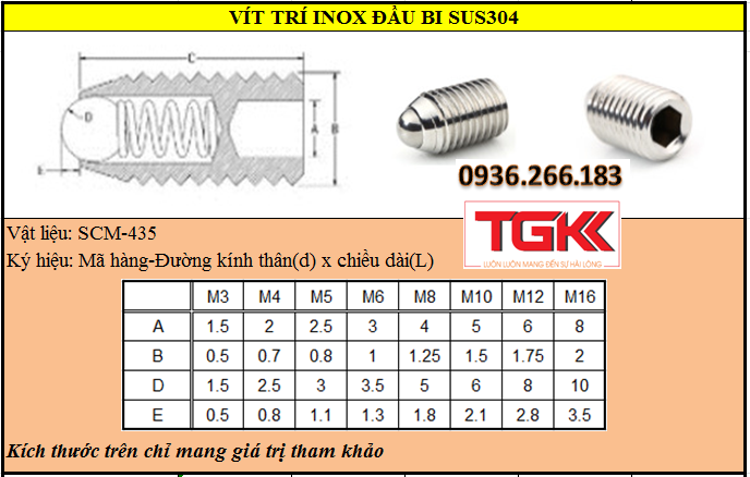 Vít trí đầu bi inox 304 m4