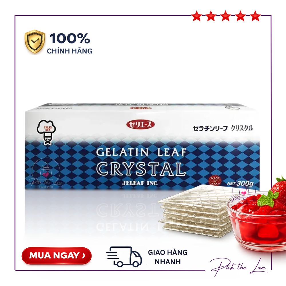 Lá Gelatin Crystal JELEAF Nhật Bản 300g – Gelatin Lá Cao Cấp Làm Mousse, Panna Cotta, Thạch Trong