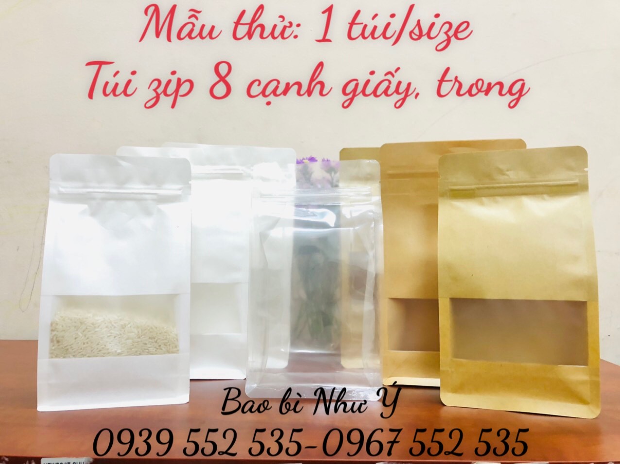 Túi zipper 8 cạnh giấy nâu, giấy trắng, 8 cạnh trong