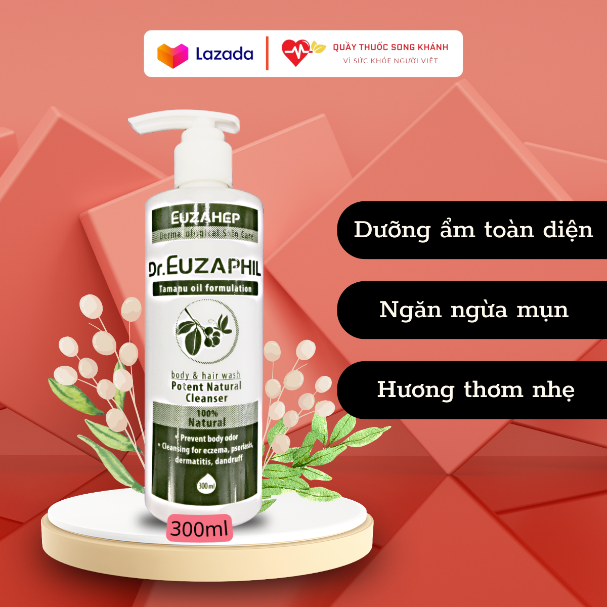 Sữa Tắm Tinh Dầu Dr Euzaphil cho da nhạy cảm, dùng để dưỡng da và dưỡng ẩm toàn diện, giúp loại bỏ bụi bẩn và tế bào chết trên da để ngăn ngừa mụn, được khuyến cáo của các chuyên gia da liễu - Song Khánh Pharmacy - 300ml