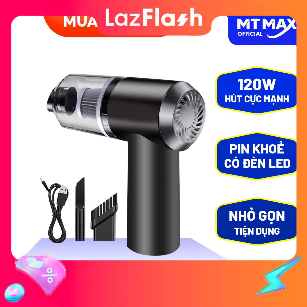 Máy hút bụi cầm tay mini sạc điện công suất 120W tặng kèm đầu hút và cáp sạc, Máy hút bụi mini, Máy hút bụi giường nệm sofa, Máy hút bụi mini cầm tay, Máy hút bụi tích điện