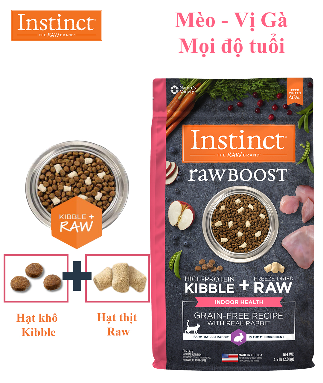 Thức ăn cho mèo trong nhà làm từ thịt gà tươi Instinct Raw Boost for Indoor Health (Túi 2,27kg)