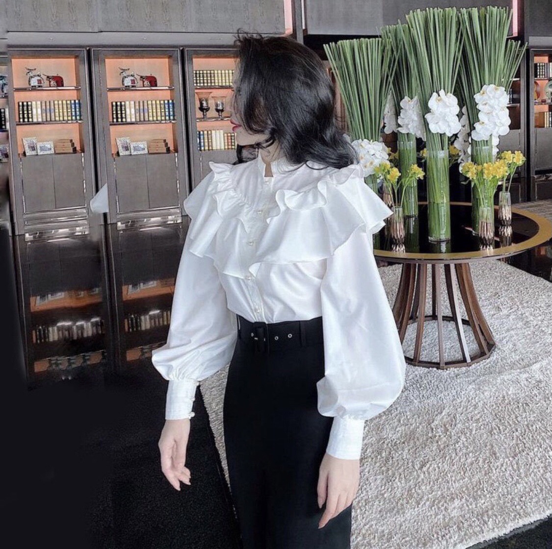 Áo sơ mi nút ngọc bèo tầng cổ trụ kt_008