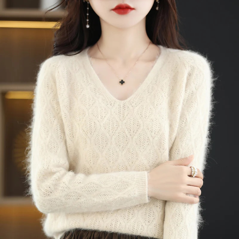 100% Mink Cashmere của phụ nữ áo len dệt kim dài tay áo chui đầu v-cổ lỏng underlay mềm thời trang phụ nữ hàng đầu