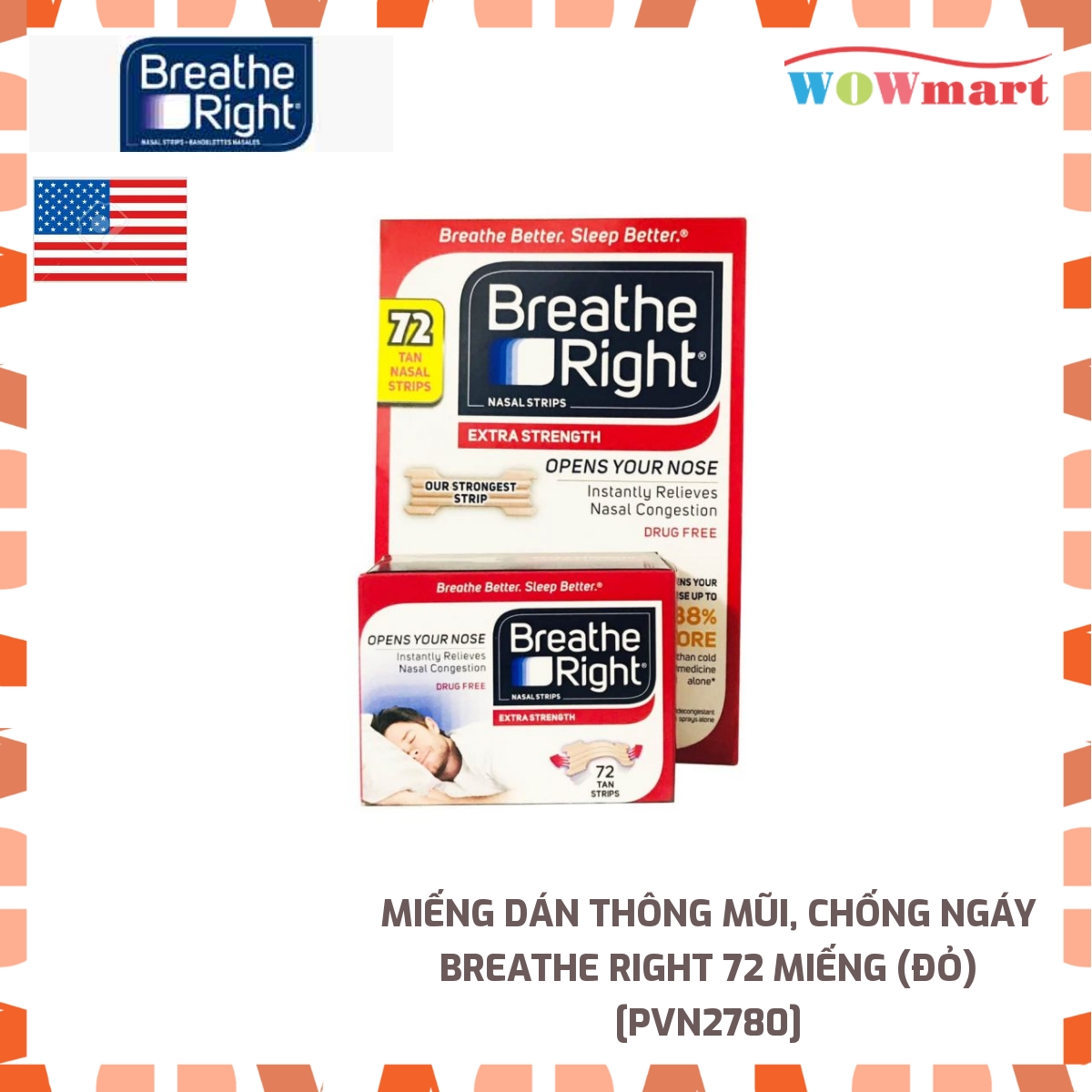Miếng dán mũi chống ngáy khi ngủ Breathe Right 72 miếng đỏ - MỸ