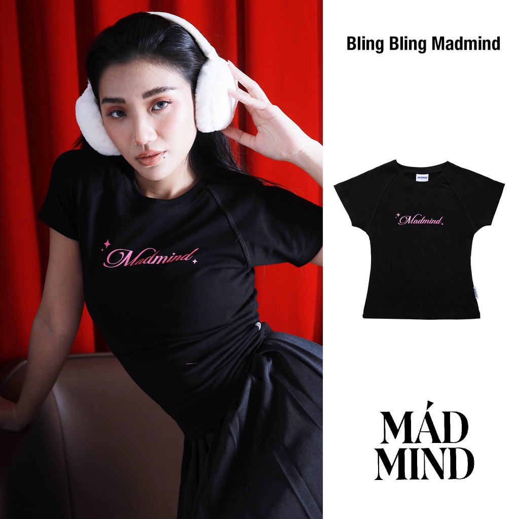 Madmind® chính hãng - áo thun nữ in kim tuyến 100% cotton raglan bling bling madmind form ôm body màu đen - tay ngắn