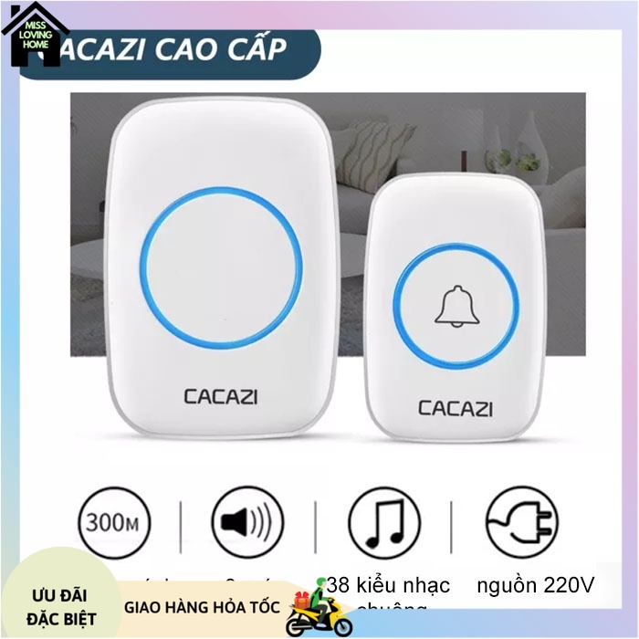 Chuông cửa không dây cacazi nút nhấn có 36 tiếng chuông, 4 nút chỉnh âm lượng, cắm vào dùng ngay, khoảng cách 300m