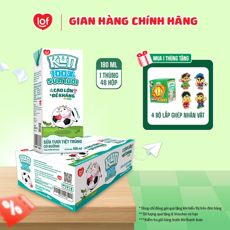 100% sữa tươi KUN có đường thùng 48 hộp x 180ml