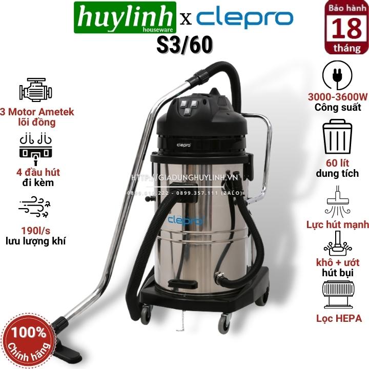 Máy hút bụi công nghiệp clepro s3/60 - 60 lít - 3 motor - công suất 3000 - 3600w