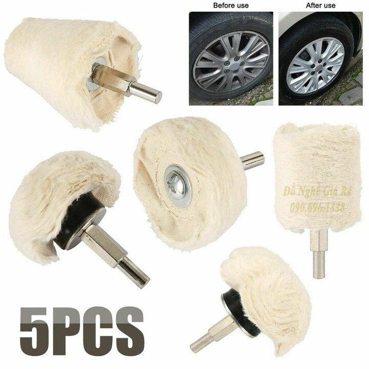 Bộ 5 Đầu Phớt Đánh Bóng Lông Cừu Vải Bông Trắng Đánh Bóng INox Xe Máy Ô Tô Gắn Cho Máy Khoan