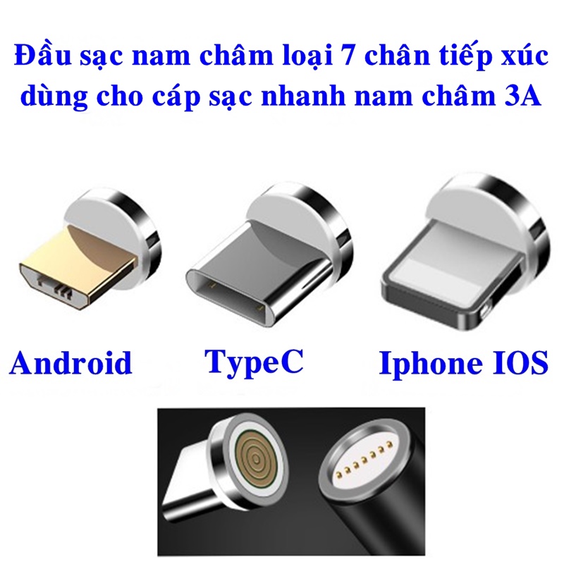 Đầu sạc nam châm Android, Type-C, iPhone IOS loại 7 chân sạc sử dụng cho cáp sạc nhanh nam châm 3A