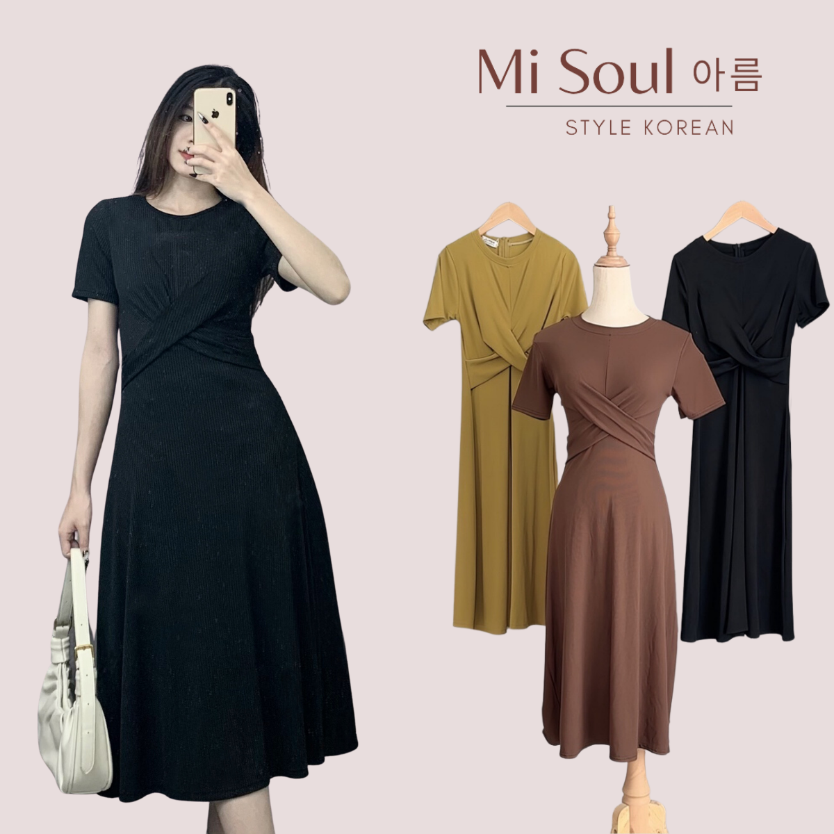 Đầm body dáng dài thun tăm Misoul Váy xoắn eo cộc tay cổ tròn free size 162