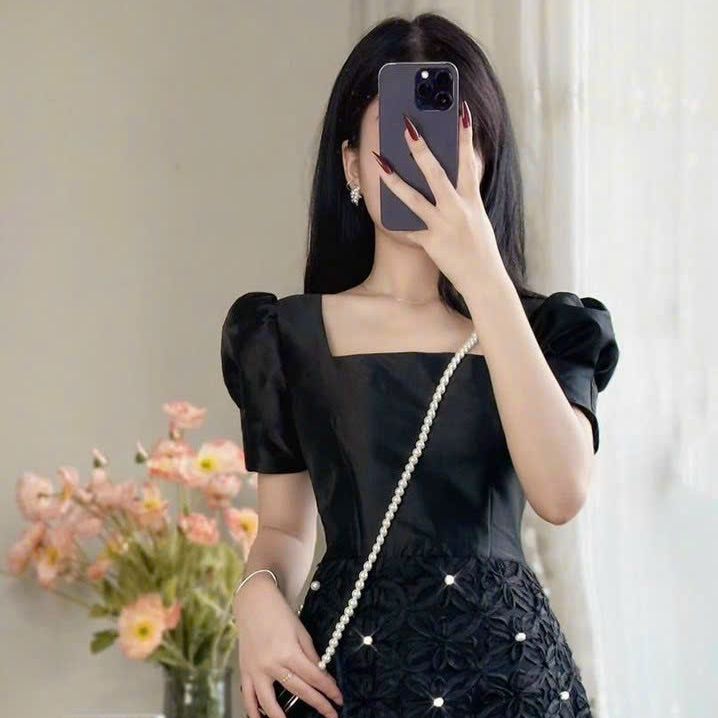 Đầm thời trang dáng xòe tay bồng cổ vuông phối ren hoa cao cấp - Sona Dress