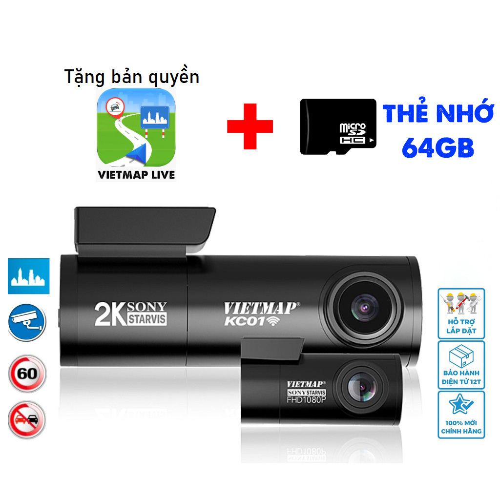 Camera Hành Trình VIETMAP KC01 Ver 2.0 Cảnh Báo Giao Thông Bằng Giọng Nói Ghi Hình Trước Sau (bảo hành 12th)