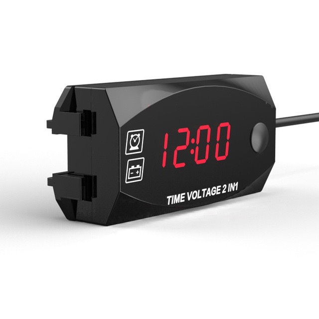 Dong ho gan xe may Đồng hồ báo vôn + báo giờ  2 in 1 ( báo von đỏ )