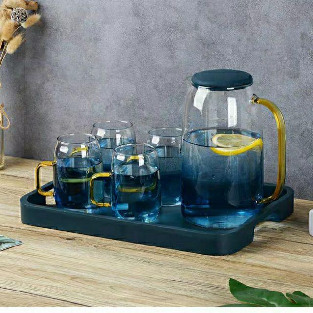 (SẴN) Combo bộ 1 bình 6 cốc thủy tinh xanh đổi màu Ocean có hộp đẹp làm quà tặng