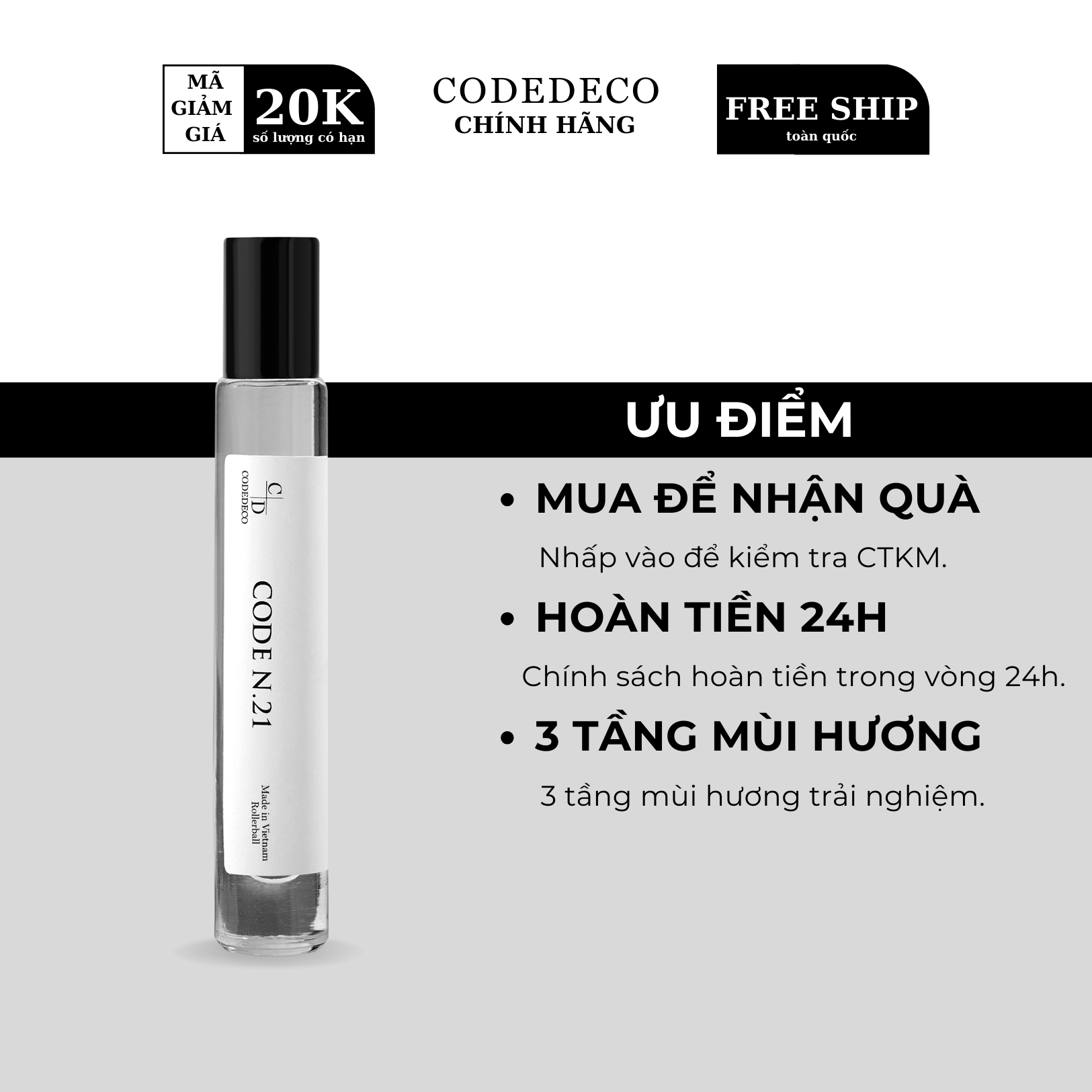 Tinh dầu nước hoa codedeco code n.21 10ml, ngọt ngào, gợi cảm, dạng chai lăn