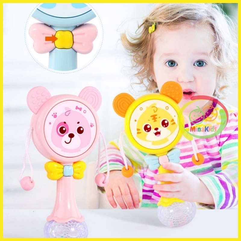Lục Lạc Trống Cho Bé Xúc Xắc Gặm Nướu Mặt Gấu Đáng Yêu Có Nhạc Và Đèn LL04