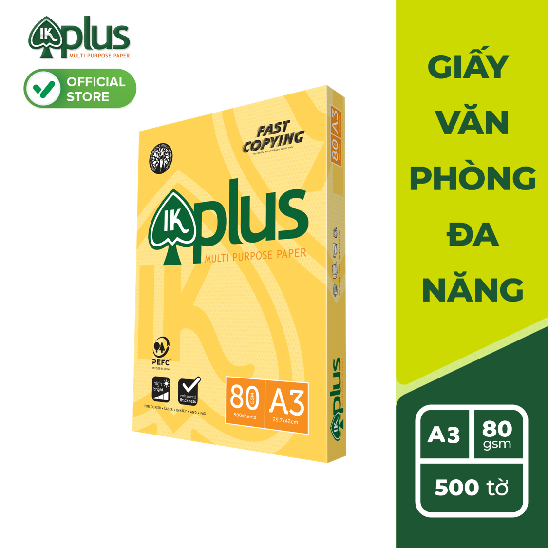 Giấy IK PLUS A3 80gsm - Giấy photo, giấy in văn phòng, giấy vẽ - Hàng chính hãng (5 reams)