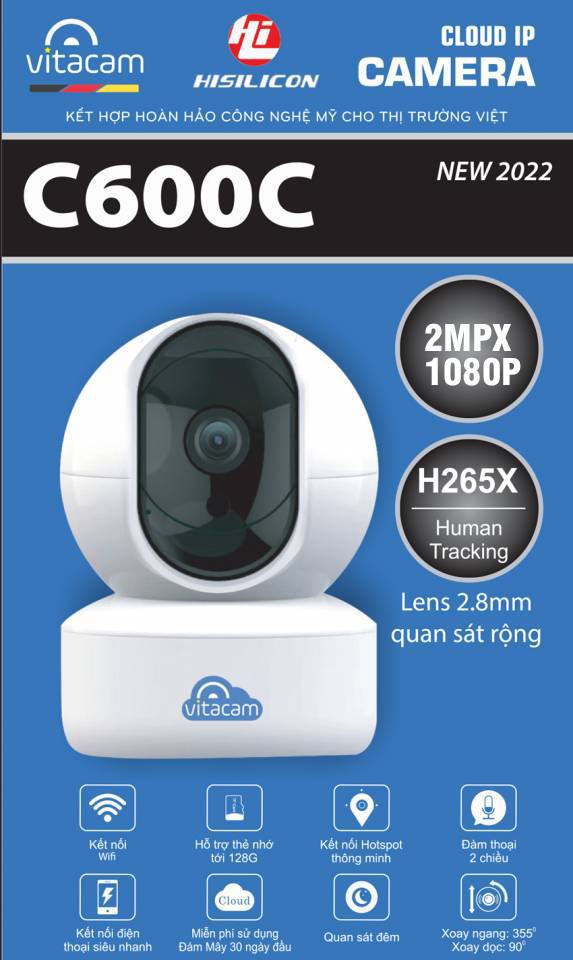 Camera IP Wifi VITACAM C600C 2MP (355°-90°, 1920x1080, 2.8mm, H.265, Đàm thoại 2 chiều, Kèm nguồn 5V, Ko LAN, Phần mềm ICSEE)