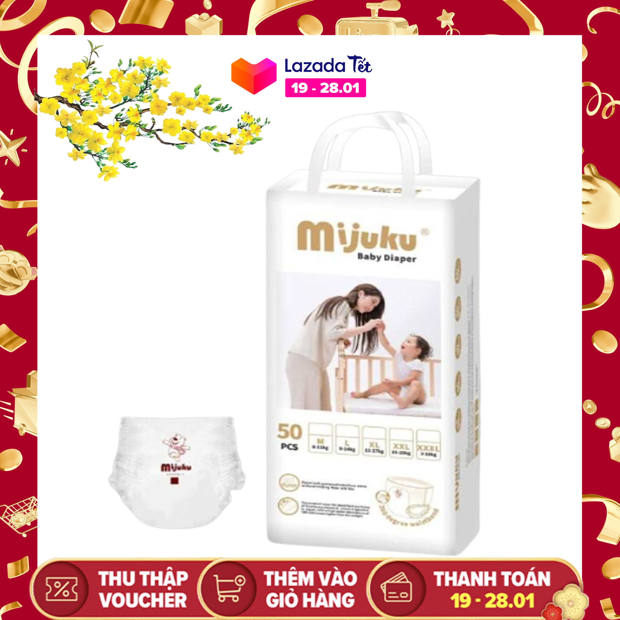 100 miếng tả quần - bỉm quần MIJUKU mỏng nhẹ siêu khô thoáng, thấm hút tốt cho bé cảm giác thoải mái, dễ chịu