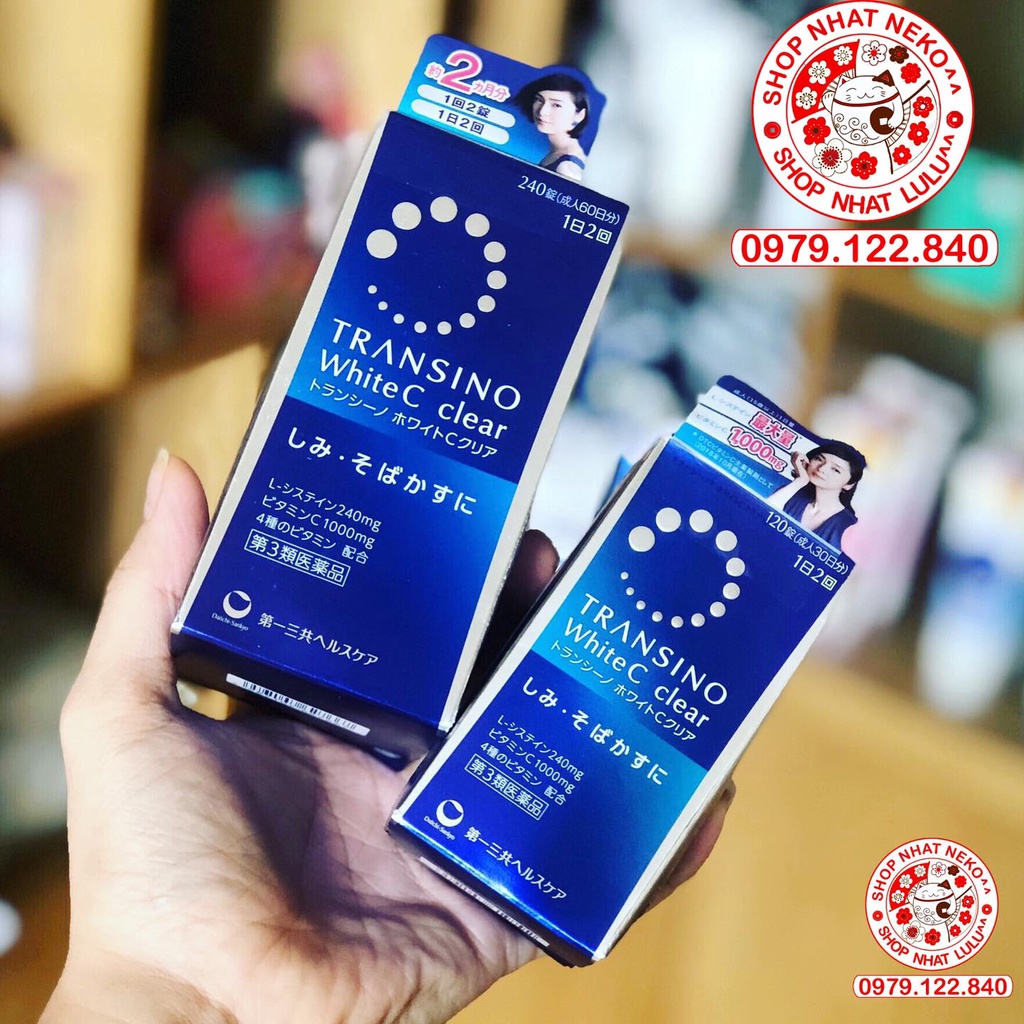 Hộp 60 120 240 viên uống Transino white C trắng da, mờ nám Nhật bản Xanh