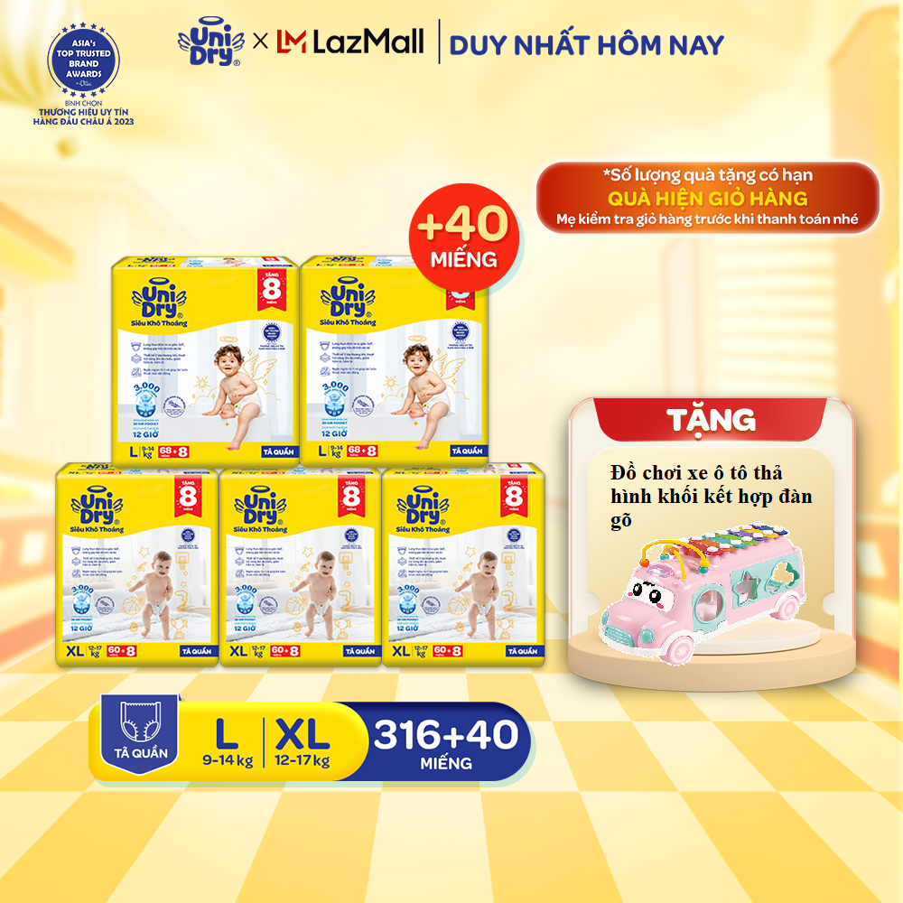  Combo 5 Tã quần UniDry Siêu khô thoáng gói Super Jumbo mới size M76 L68 XL60 XXL54 + 8 miếng 