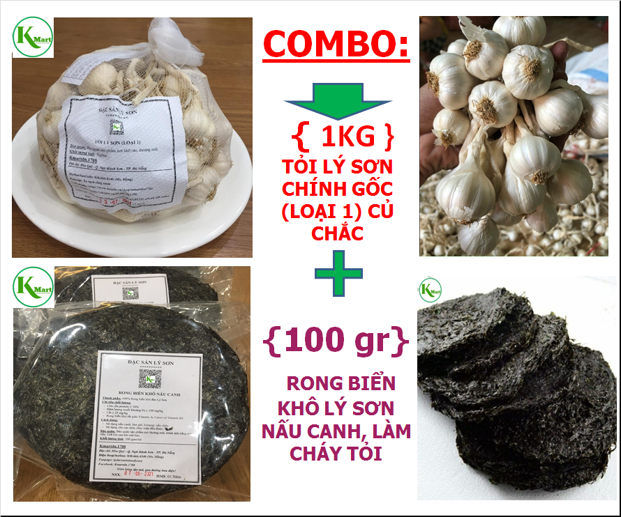 Combo tỏi lý sơn chính gốc củ chắc + 100 gr rong biển khô lý sơn nấu canh, làm cháy tỏi