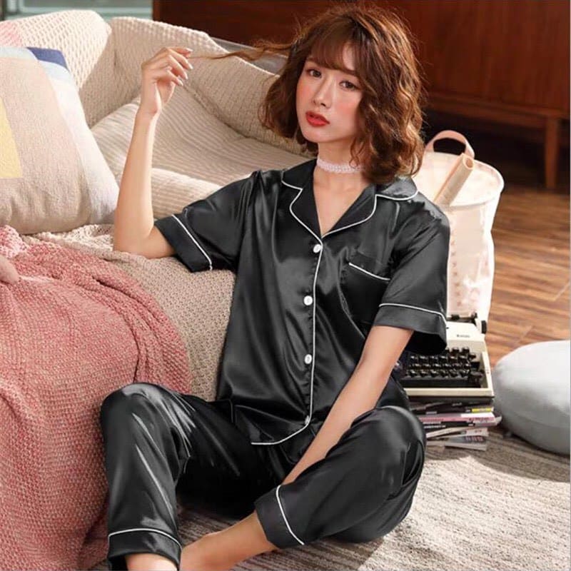 Set bộ pijama nữ, đồ bộ mặc nhà tay ngắn quần dài , vải phi lụa mờ cực dễ thương q021