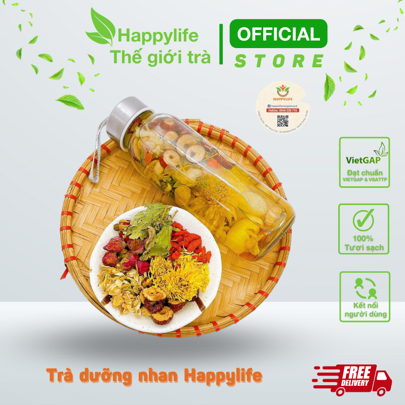 Trà Dưỡng Nhan Happylife - Set 30 gói tặng 1 bình thủy tinh 350ml