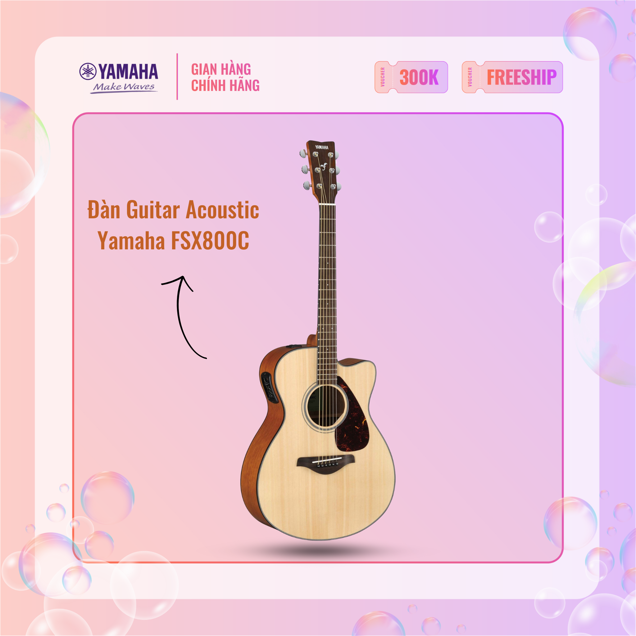 Đàn guitar acoustic yamaha fsx800c - mặt đàn gỗ vân sam nguyên tấm, bảo hành chính hãng 12 tháng