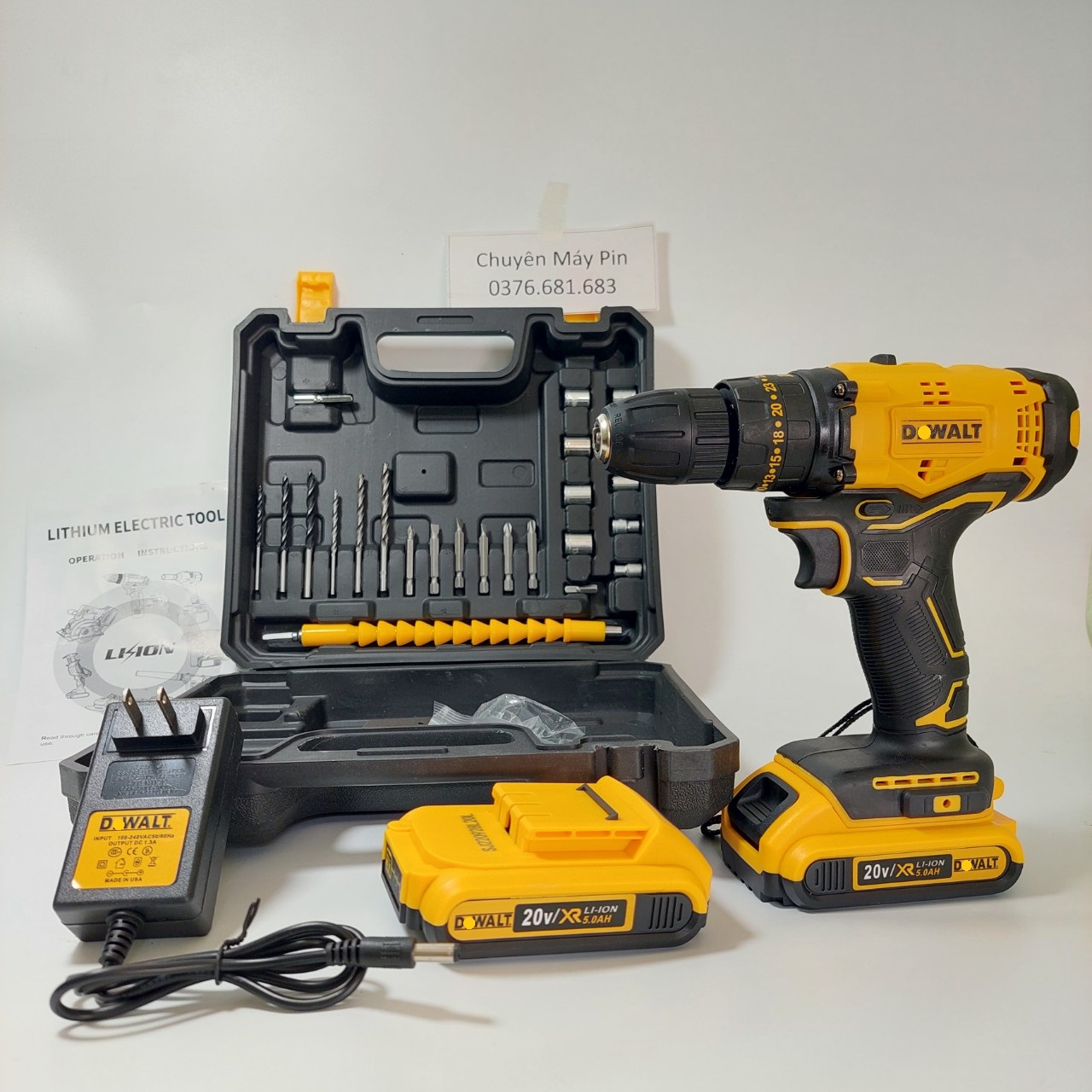 Máy khoan pin d.w 20v - có đèn báo pin - tặng 24 phụ kiện