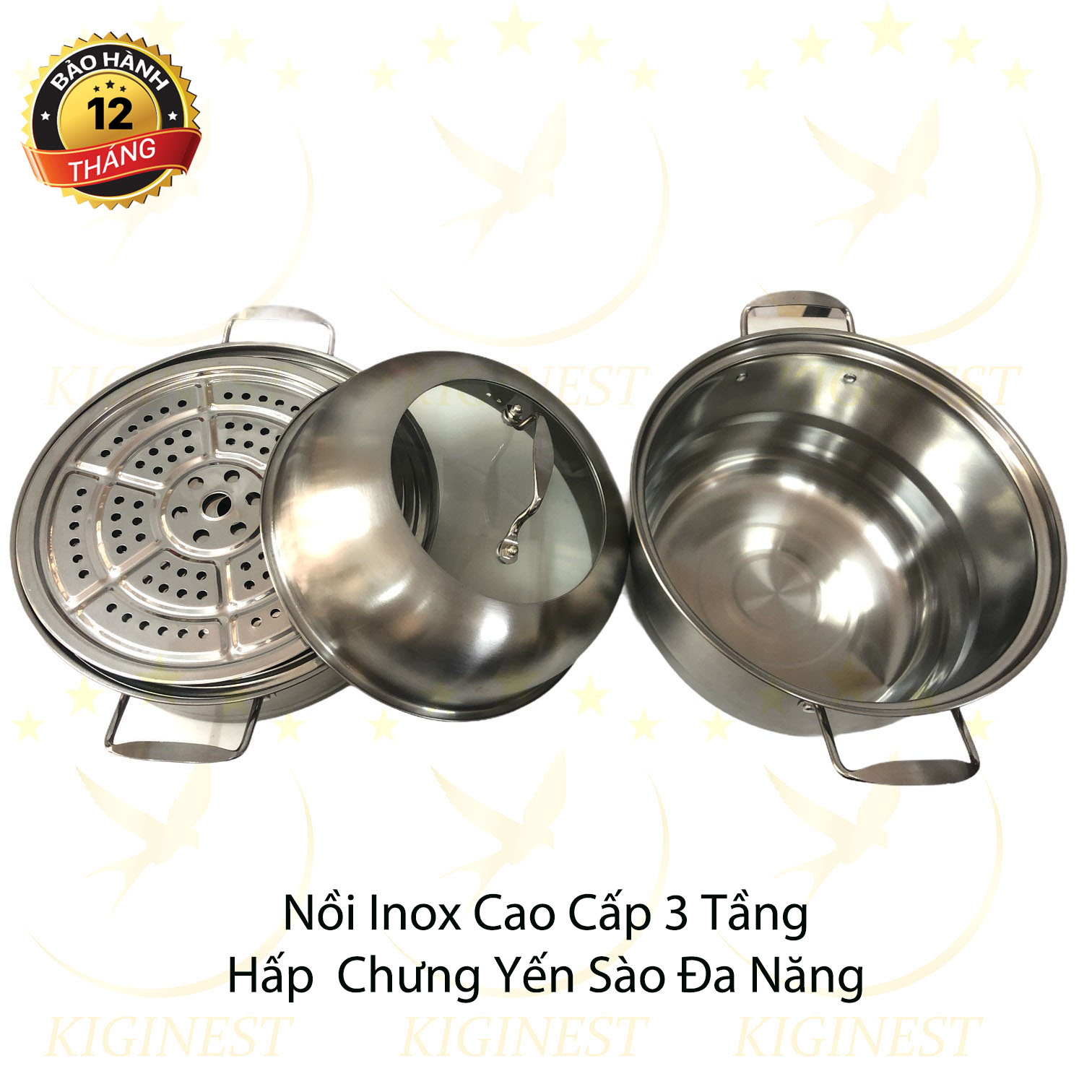 Bộ nồi chưng yến bằng inox sáng - đa năng - chưng 3 tầng