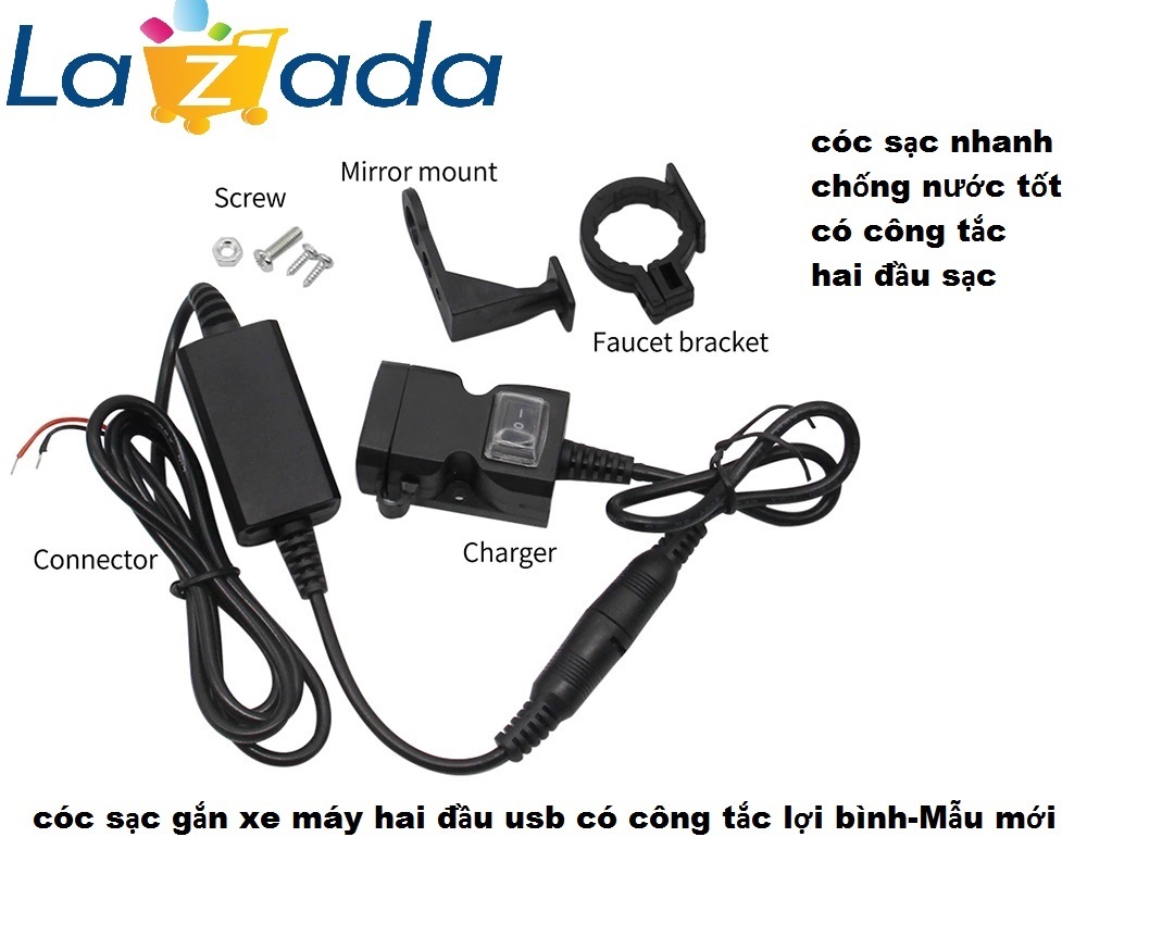 Cóc sạc điện thoại lắp cho xe máy, mẫu mới 2 đầu usb có công tắt khi sữ dụng lắp ráp đơn giản