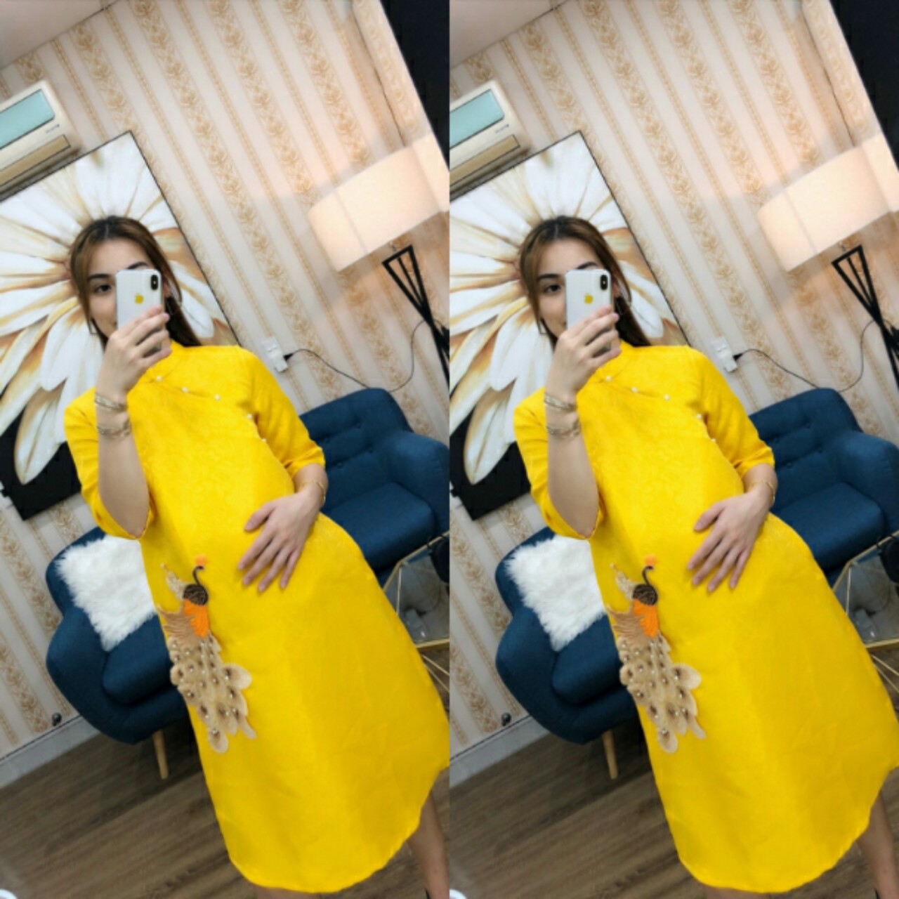 Váy Bầu Cách Tân Hình Công Chất Liệu Lụa Gấm