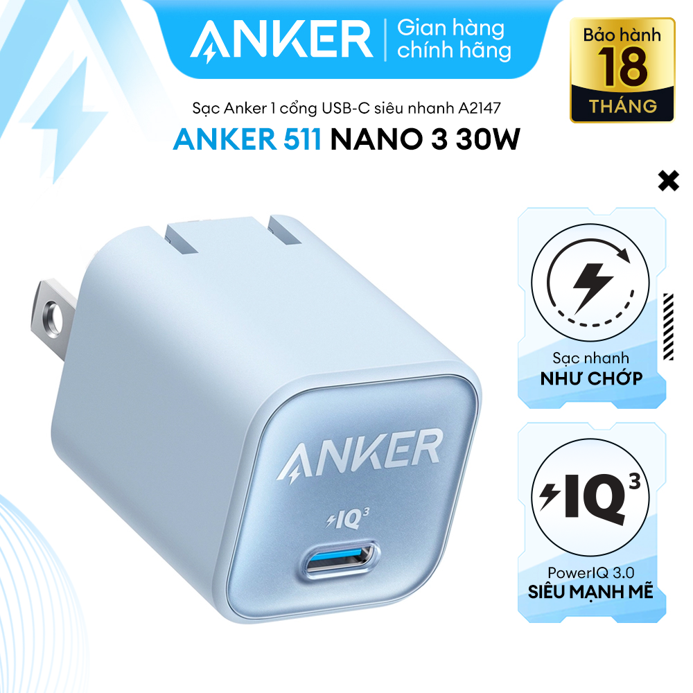 Sạc ANKER 511 Nano 3 30W 1 cổng USBC PiQ 3.0 tương thích PD A2147 Hỗ trợ sạc nhanh 30W cho iPhone 13 trở lên.