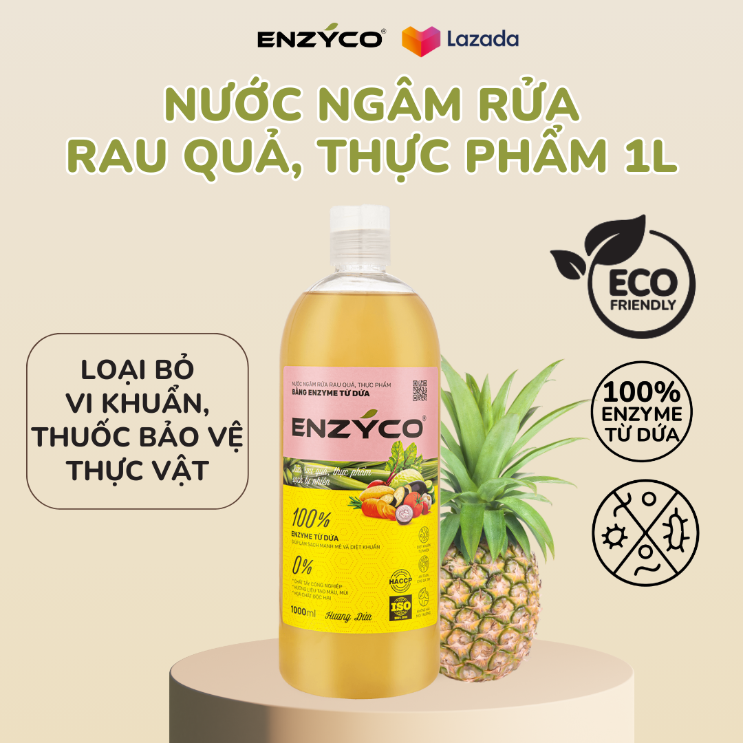 Nước ngâm rửa rau củ quả sinh học ENZYCO chai 1L - 100% Enzyme từ dứa giúp loại bỏ hóa chất, vi khuẩn trong thực phẩm, khử mùi tanh thịt cá, an toàn cho bé - Hương dứa