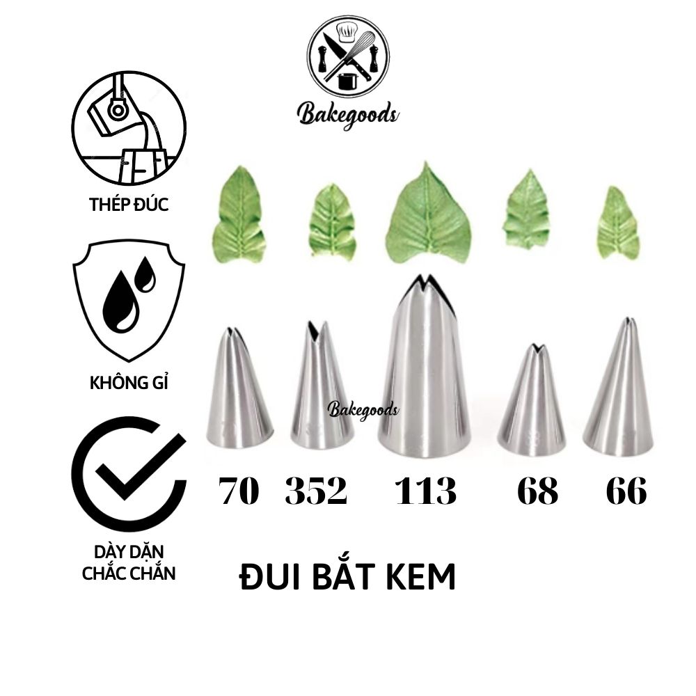 Bộ 5 đui lá, đui bắt kem, đuôi bắt kem trang trí bánh bằng thép đúc liền khối, dày dặn, cứng cáp